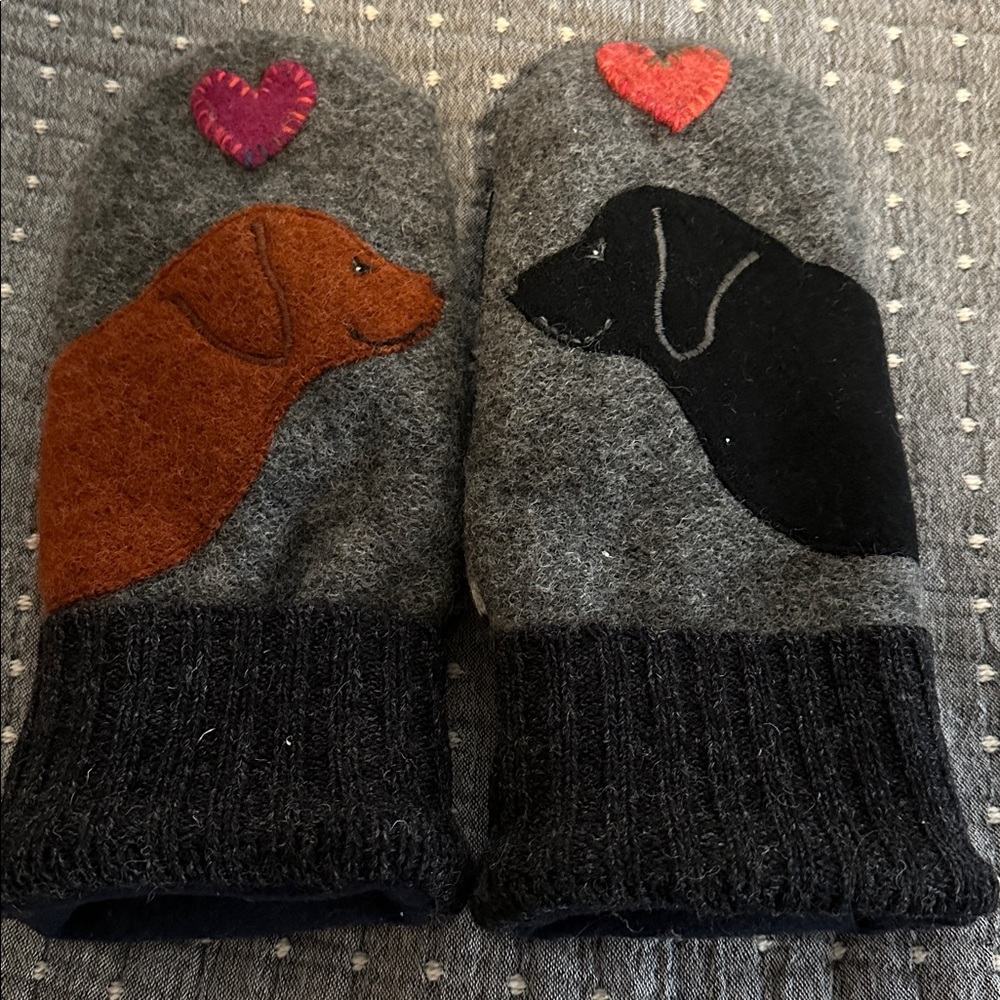 New Gray & Black Dog Pattern Mittens, Handmade Up-Cycled wool, fleece, leather
